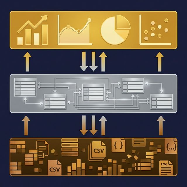 Layered view architecture from raw data through business logic to consumption-ready outputs